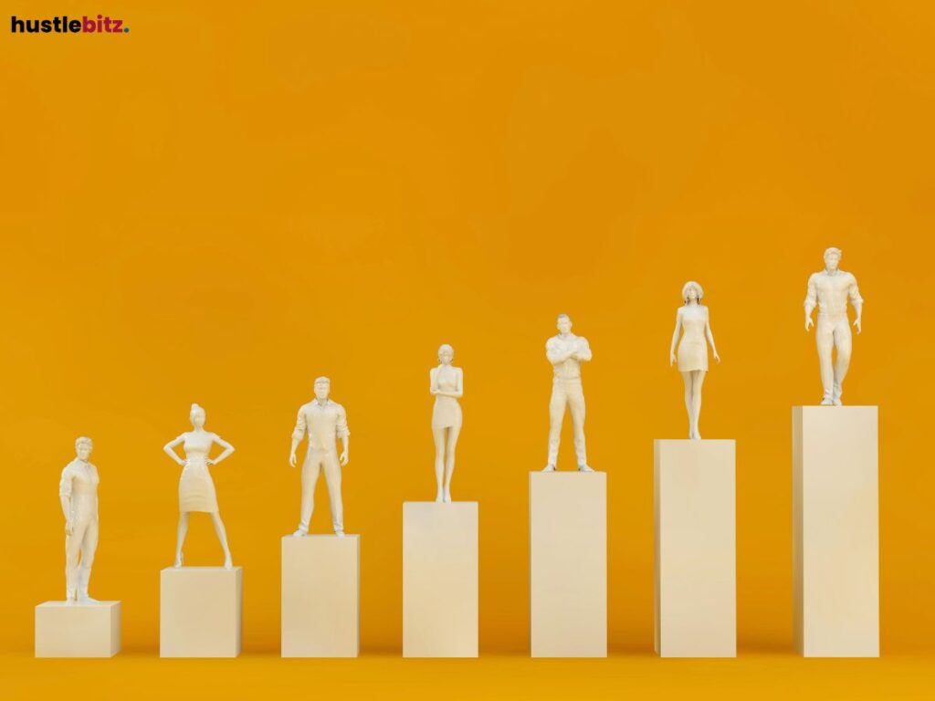 Figurines on pedestals at different heights.
